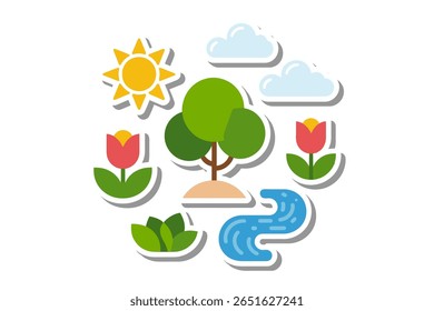Cena da natureza da primavera, árvores, flores, rio, sol, projeto plano, paisagem ao ar livre, vetor moderno, ilustração ambiental