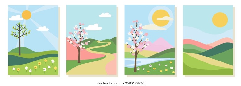 Spring nature, a set of spring posters in a minimalist design. Postcards with spring landscapes. Blooming trees, green fields with flowers, mountains and hills. Posters with beautiful landscapes.