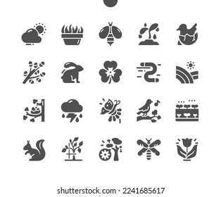 Spring nature. Trees are blooming. Grass grows. Spring rains. Butterfly and flower. Vector Solid Icons. Simple Pictogram