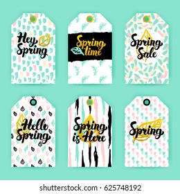 Spring Nature Trendy Gift Labels. Vector Illustration of 80s Style Shop Tag Design with Handwritten Lettering.