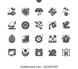Spring. Nature, umbrella, butterfly, birdhouse, tulip and other. Spring mood. Vector Solid Icons. Simple Pictogram