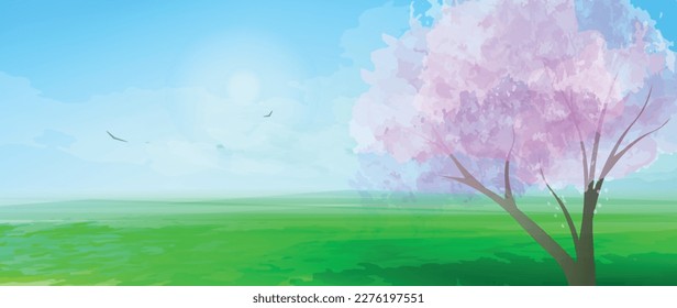 Spring nature vector illustration. Cartoon landscape with watercolor texture. A blossoming tree and green meadow. 