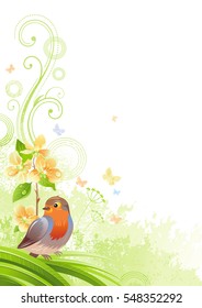 Spring nature vector poster isolated on white background, robin bird, cherry blossom. Happy Easter holiday pattern. Floral springtime corner, copyspace. Abstract watercolor illustration template.