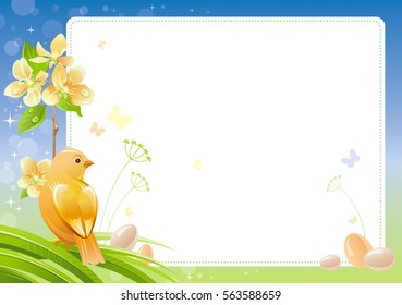 Spring nature vector poster isolated white background, tit bird, cherry blossom, eggs. Happy Easter, Birthday, Mothers day watercolor holiday border pattern. Floral abstract illustration template