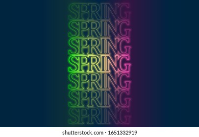 Frühlingsneonbanner. mehrfarbiger Neontext auf klassisch blauem Hintergrund. Vektorillustration