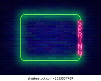 Spring neon poster. Empty green frame and pink text. Party, holiday and season sale. Vector stock illustration