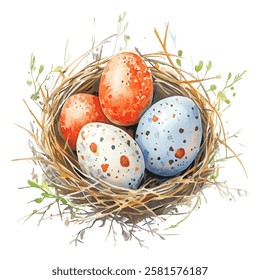 Spring bird’s nest filled with speckled eggs in warm and cool hues vector illustration. The nest is woven with twigs, grass, small leaves. The eggs vary in color. Perfect for spring, Easter, nature.