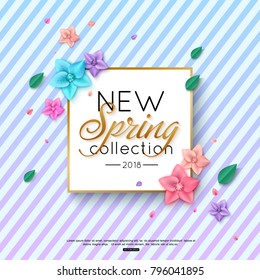 Spring New Collection Background decorated colorful flowers and foliage on striped background for advertising booklets, banners, posters, online shopping. Vector illustration