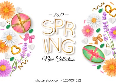 Spring new collection banner layout. Flowers, gift box.