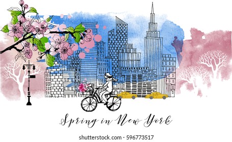 Spring in New York. Watercolor and sketch vector background