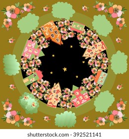 Spring night. Card with a beautiful city surrounded by flowering trees. Bandana print or silk neck scarf. Kerchief square pattern design style for print on fabric. Vector illustration.