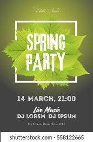Spring night club party flyer invitation vector illustration. Poster template. Black and green background.