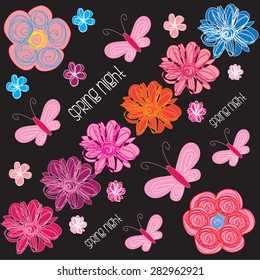 spring night with flowers and butterflies vector illustration