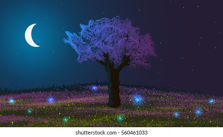 Spring. Night landscape. Blooming tree on a hill with flowers and glowworms. Moon among stars.
