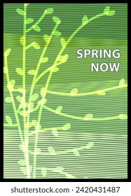 Spring now. Bright futuristic poster for the spring season. Abstract striped composition with overlay and digital distortion effect. Vector banner