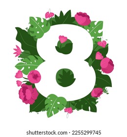 Spring number 8 with flowers and leaves. Composition in a vector illustration for spring holiday, Women’s day