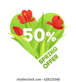 Spring offer advertising poster with blooming tulip flowers in a heart shaped frame isolated on white background. Vector illustration EPS10