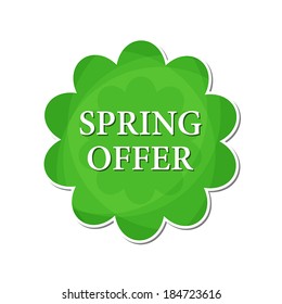 spring offer banner - text in green flower label, business shopping seasonal concept, flat design, vector