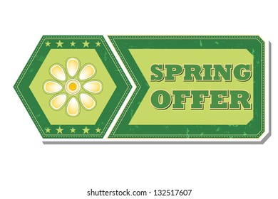spring offer - retro style green hexagon and flyer label with text, flower and stars, business concept, vector