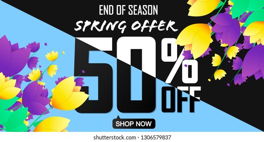 Spring Offer, special sale 50% off, poster design template, end of season, vector illustration