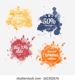 Spring offer stickers with watercolor splatters. Big sale. Vector Illustration.