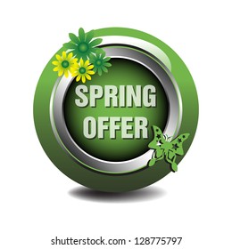 Spring offer symbol with small flowers and a green butterfly, isolated on a white background