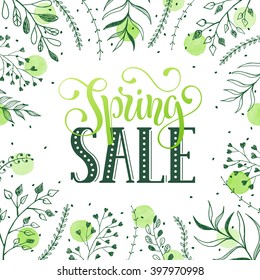 Spring offering text with colorful branches hand drawn on white background. 