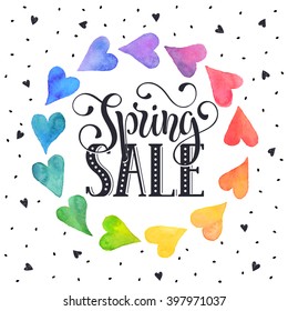 Spring offering text with colorful branches hand drawn on white background. 