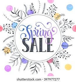 Spring offering text with colorful branches hand drawn on white background. 