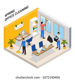 Spring office thorough tidying up isometric compositing with floor washing windows cleaning taking garbage out vector illustration 