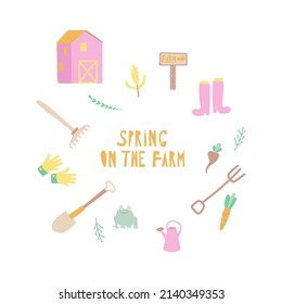 primavera en la granja, herramientas de jardinería, conjunto de lindas ilustraciones simples