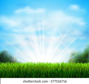 Spring On The Fresh Green Glade With Grass. Season Background With Blue Sky, Sunshine And White Fluffy Clouds.