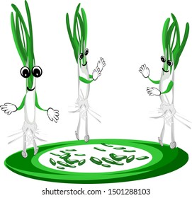 Spring onion, Happy face cartoon, plant components, leaves and stems, roots, plant components of Asian Food Aroma for cooking and herbs.