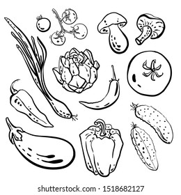 Spring onion, tomato, mushroom, peppers, artichoke, eggplant, cucumbers. Set of vegetables in sketchy style isolated on white background. Doodle hand drawn vegetables. Vector illustration