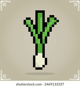 Spring onions in 8 bit pixel art. Vegetables for game assets and cross stitch patterns in vector illustration.