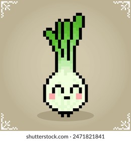 Spring onions character in 8 bit pixel art. Vegetables for game assets and cross stitch patterns in vector illustration.