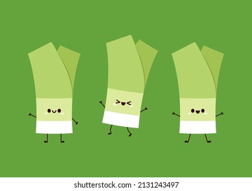 Spring onions character. Spring onions vector. Spring onions on green background.