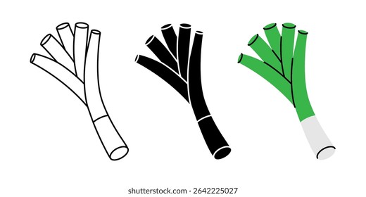 Spring onions icon set. Fresh organic vegetable symbol for kitchen, menu, food package design. Vector illustration