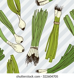 Spring onions pattern, seamless vector background with hand drawn green onions