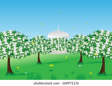 Spring. Orchard with trees and flowers, a beautiful gazebo and yellow butterfly.