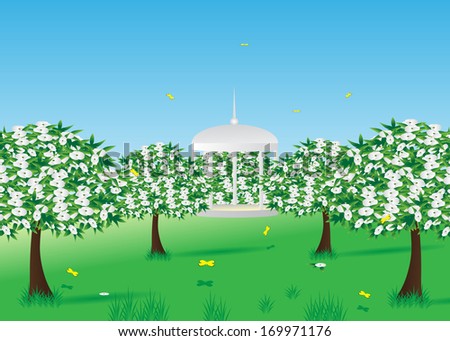 Spring. Orchard with trees and flowers, a beautiful gazebo and yellow butterfly.