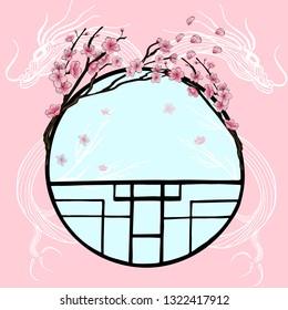 Spring oriental style banner with traditional Chinese window frame and pink cherry flowers, sakura on tree branches, dragon contours. Poster design, light background, place for text.