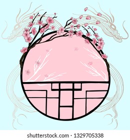 Spring oriental style banner with traditional Chinese window frame and pink cherry flowers, sakura on tree branches, dragon contours. Poster design, light background, place for text.