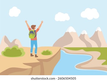 spring outdoor activties mountains hiking background climber successfully reached the top stood at the edge of the cliff, and raised their hands.