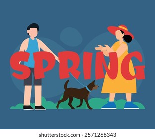 Spring Outdoor Illustration with Couple and Dog 2d flat vector illustrations