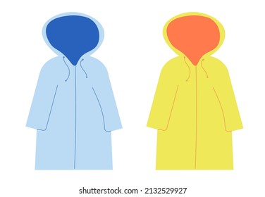 Spring outerwear. Cartoon children seasonal spring, summer, autumn clothes. Waterproof Hooded Raincoat, Raincoat, Vector simple set of colored clothes for Boys and girls in bright colors