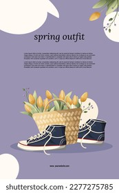 spring outfit with sneakers and tulips. trendy template for poster, banner, advertising, vector, flat