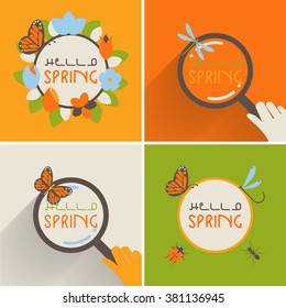 Spring outline font poster. Text lettering of an inspirational phrase. Quote Typographical Poster, vector design. Hello spring greeting card with flowers, leafs and insects.