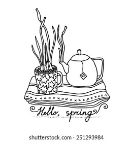 Spring outline illustration with kettle.