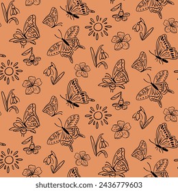Spring outline seamless pattern with butterflies and flowers. Black doodle drawings on orange background. Spring holiday design for decoration, wrapping, banner